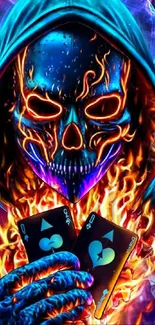 Fiery skull holding poker cards with a vibrant flame background.