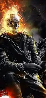 Fierce skull rider engulfed in flames on a motorcycle, set against a dark backdrop.