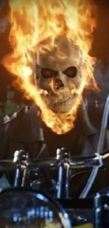 Fiery skull rider on a motorcycle with blazing flames.