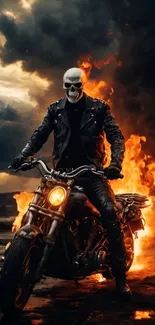 Skull-faced rider on a motorcycle amidst fiery flames.