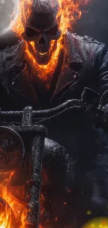 A ghostly skull rider ablaze on a motorcycle in a dark night setting.