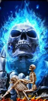 Fiery blue skull and skeleton biker mobile wallpaper.