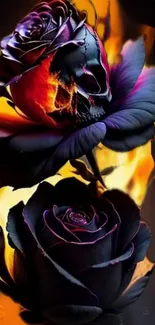 Vibrant wallpaper of fiery skull roses.