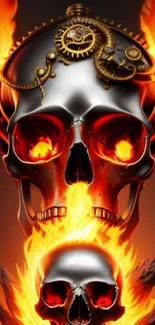 Steampunk-inspired fiery skull mobile wallpaper with dramatic flames.