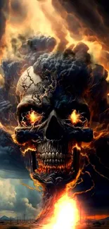 Fiery skull amidst dark storm clouds wallpaper.