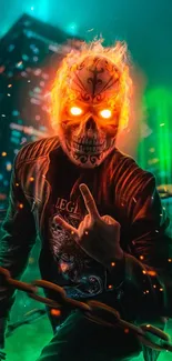 Fiery skull figure in urban setting with glowing and dynamic effects.