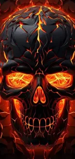 Dark artistic skull with glowing orange lava accents on a fiery background.