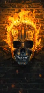 Fiery skull with flames on a dark textured background, perfect for mobile wallpaper.