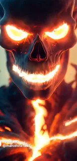 Fiery skull with glowing eyes and flaming tendrils in dark background.