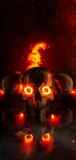 Fiery skull with glowing eyes on a red and black background wallpaper.