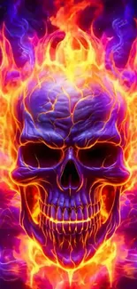 Fiery skull with vibrant purple and orange flames on a mobile wallpaper.