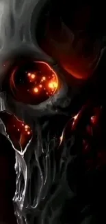 Fiery skull with glowing red eyes in dark abstract art design.