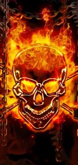 Fiery skull with chains and gears on a dynamic wallpaper design.