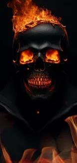 Fiery skull with flames on dark background, perfect as intense phone wallpaper.