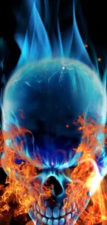 Blue flaming skull with orange fire art design for mobile wallpaper.