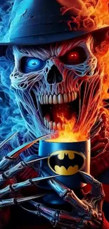 Fiery skull holding a Batman mug with blue and red flames.