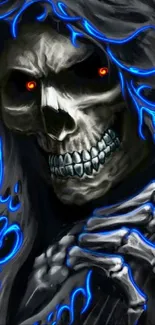 Skull with glowing red eyes and vivid blue flames as mobile wallpaper.