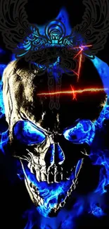 Skull with blue flames and fiery details.