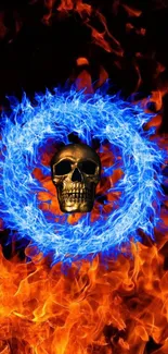 Golden skull in blue fiery ring on a fiery background.