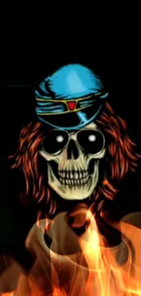 Mobile wallpaper featuring a fiery skull with a blue hat on a dark background.