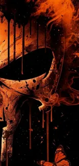 Fiery skull and orange butterflies on a dark backdrop.