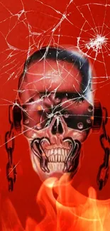 Fiery skull with chains and cracked glass on a red background.