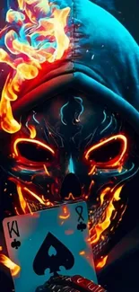 Fiery skull in blue hood with playing card.