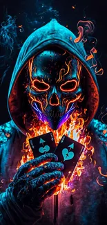 Fiery skull in hoodie holding glowing cards surrounded by flames.