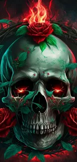 Skull with fiery crown and red roses in dark gothic style.