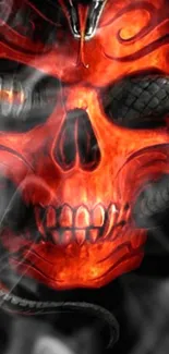 Fiery skull with entwined serpents and smoke in a dark theme.