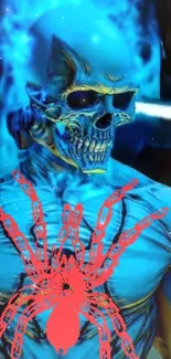 Blue skull with flames and red spider art design.