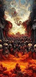 Fiery scene with skulls and angelic figures creating a captivating visual.