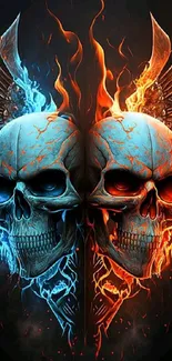 A striking mobile wallpaper with fiery blue and orange skulls.