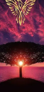 Phoenix above sunset tree wallpaper.