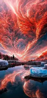 Fiery clouds reflecting on a tranquil lake surrounded by rocks.