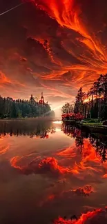 Fiery sunset reflected on a tranquil lake with silhouetted trees.