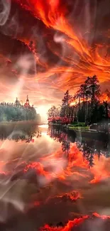 Fiery sunset with dramatic sky reflecting over a calm lake.