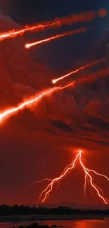 Vivid red lightning under a fiery sky.