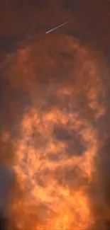 Fiery sky with shooting stars and orange clouds.