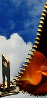 A zipper reveals fiery flames beneath a bright blue sky with white clouds.