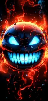 Smiling face engulfed in blue and orange flames with a dark background.