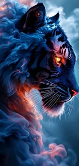 Fiery tiger with blue smoke artwork