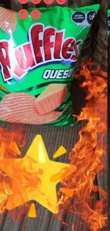 Green snack bag with fiery animated effects and star overlay.