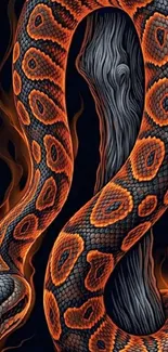 Fiery orange snake coiled on a branch with vivid patterns.