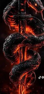 Fiery snake wrapped around a sword with a dark background.