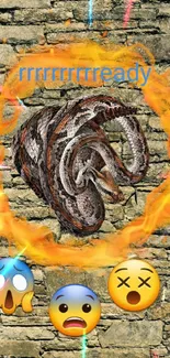 Snake surrounded by fire on a stone wall with emojis.