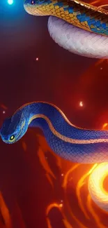 Two colorful snakes on a fiery background.