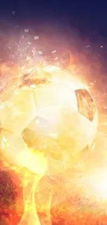 Soccer ball engulfed in fiery flames, creating a dynamic and vibrant mobile wallpaper design.