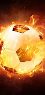 Fiery soccer ball with flames on a vibrant wallpaper.