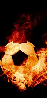 Fiery soccer ball with orange flames against black background.